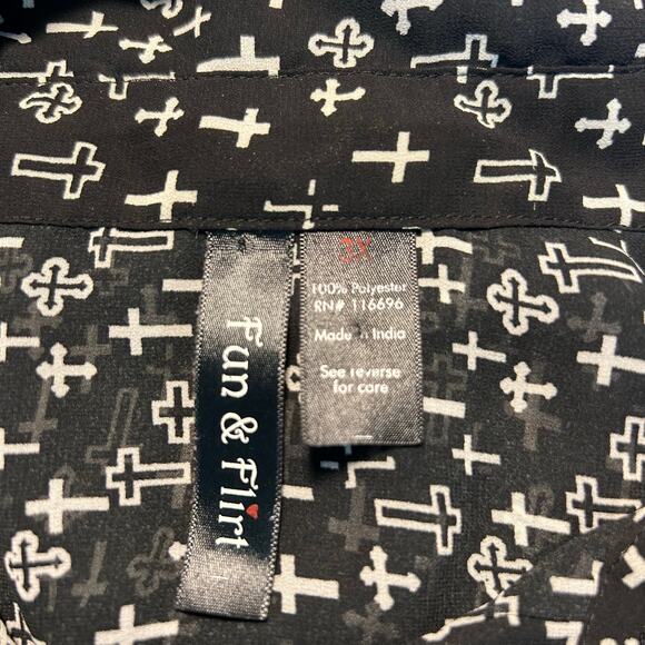 FUN & FLIRT Semi-Sheer Blouse Black W/ White Crosses Religious Punk Grunge Goth - Picture 7 of 8